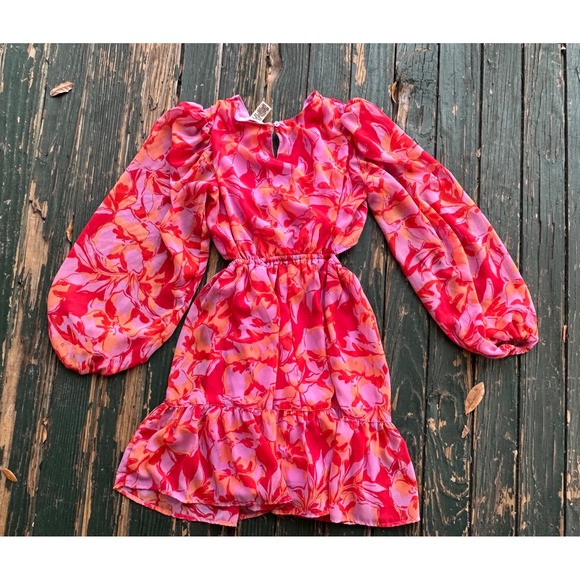 Jessica Simpson Floral Cut-Out Mini Dress Pink Red Orange O-Ring Size XS J363 - Picture 6 of 7